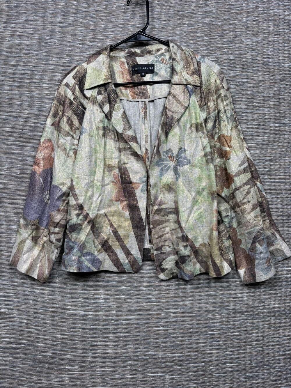 Randy Kemper Blazer Jacket Womens 10 Multicolor Linen Floral Open Lightweight